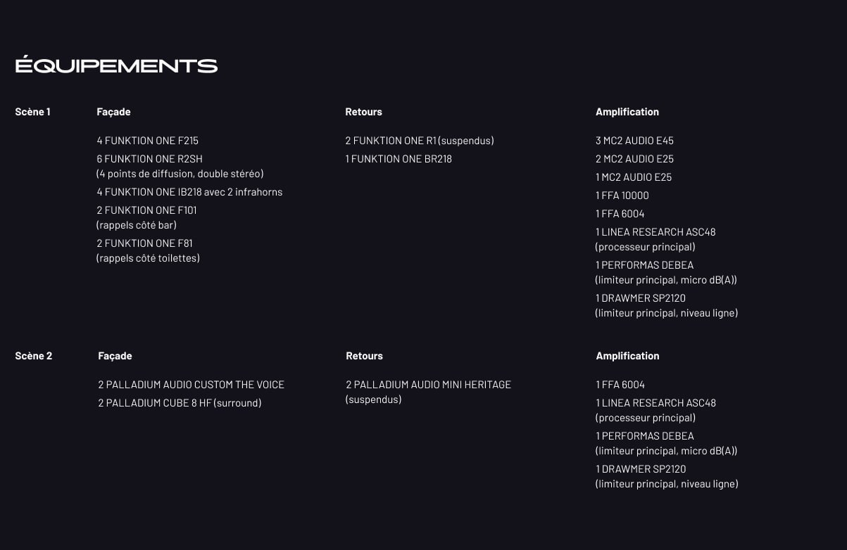 Visuel du site présentant la liste des équipements de Macadam