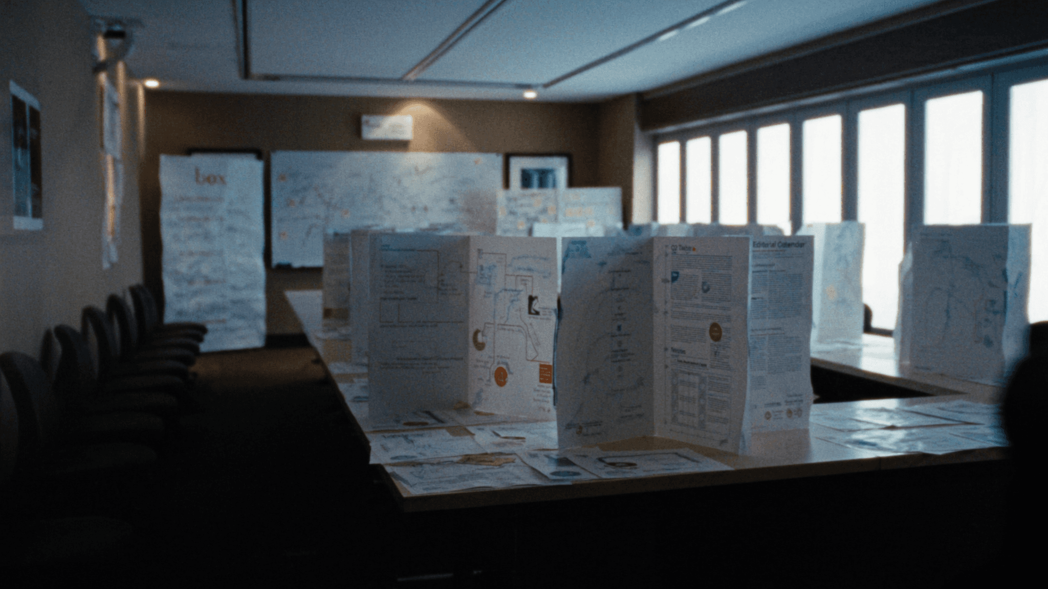 Strategic planning room with content strategy documents and editorial calendars