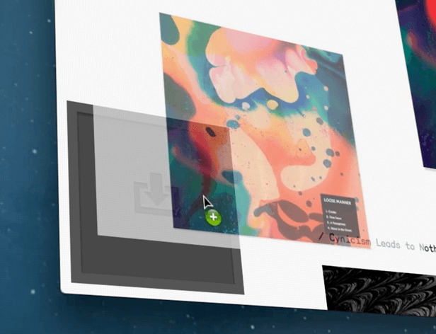 A computer screen displays a webpage with a white background and dark blue speckled pattern at the bottom right corner. A translucent gray frame overlays the screen, partially obscuring a download arrow icon and a green circle with a plus sign. Centered on the page is a colorful abstract image with pink, orange, blue, and green hues. A white box in the upper left corner contains the text "LOOK MANNER" and a small black box labeled "Cynicism Leads to Nothing."