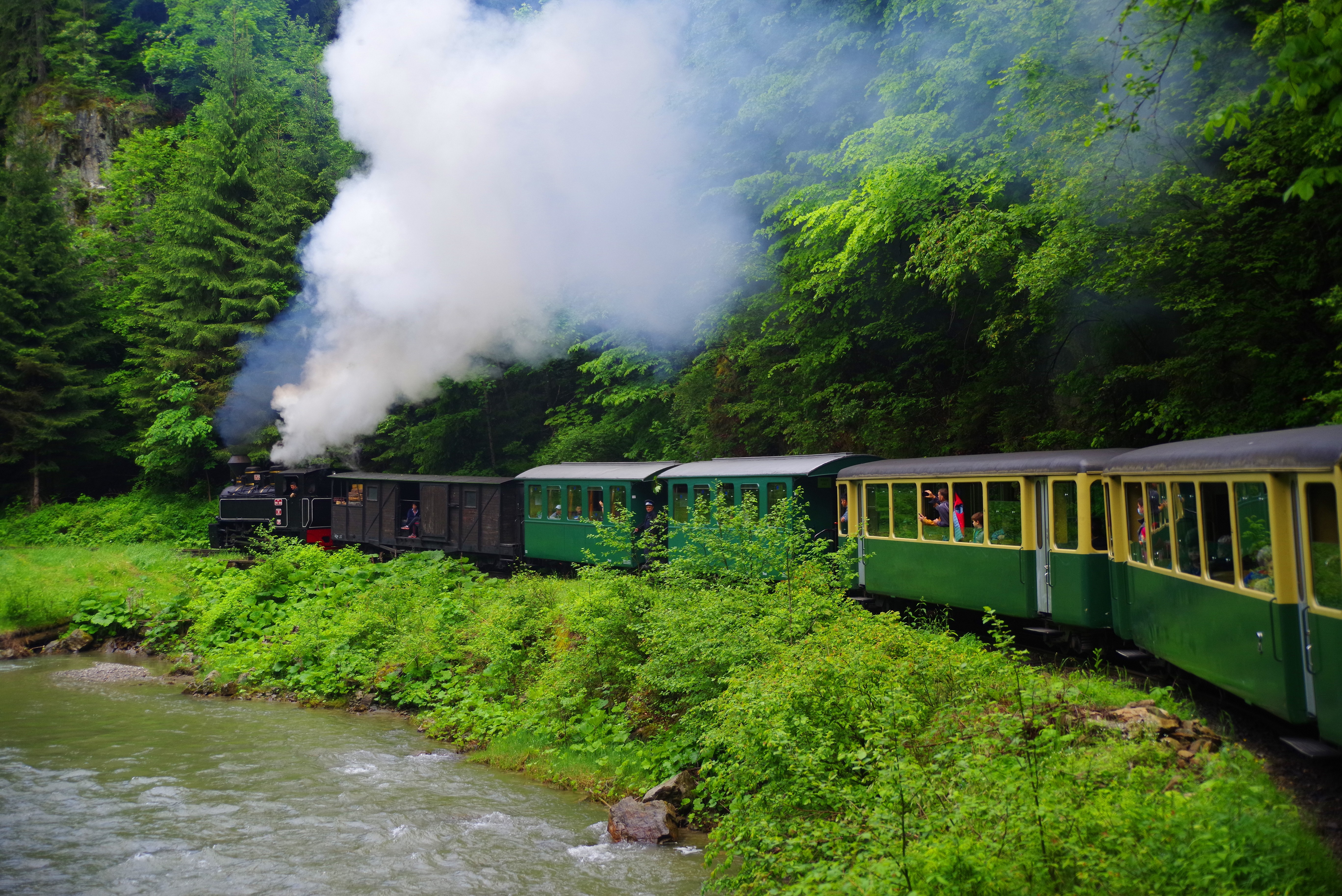 A green and yellow train the lush Vaser Valley chugging into the distance with smoke pluming from its chimney.
