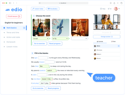 Virtual classroom in edio — teacher and student view during a live online language lesson - teacher view
