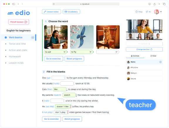 Virtual classroom in edio — teacher and student view during a live online language lesson - teacher view