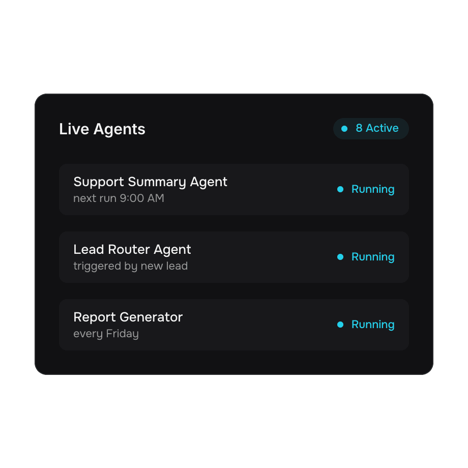 Verity live agents panel showing three running automations with their triggers.