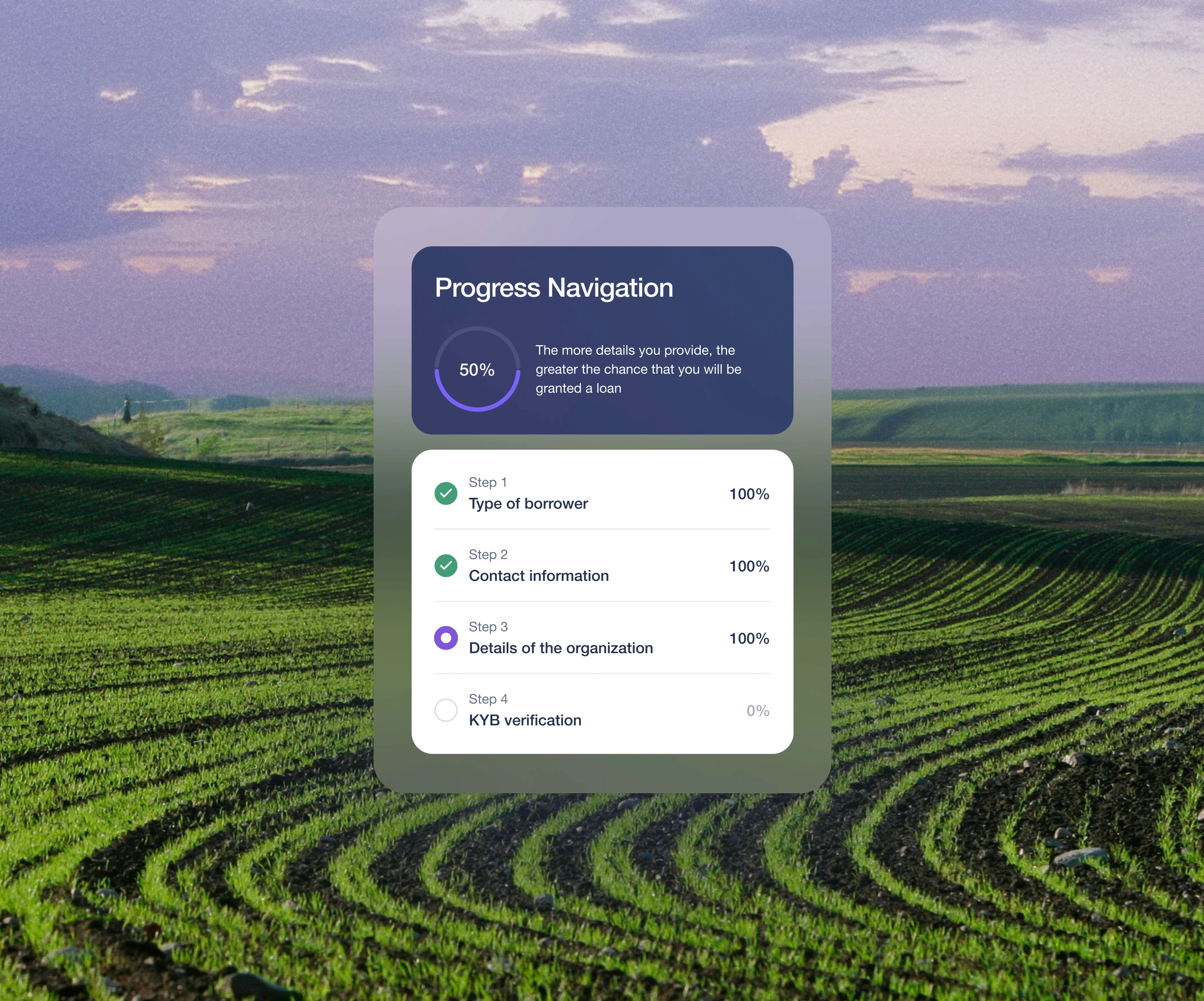 Progress navigation interface overlaid on a scenic background of a green agricultural field with patterns in the crops. The interface displays a progress bar indicating 50% completion and the message 'The more details you provide, the greater the chance that you will be granted a loan'. Below, it shows four steps: Step 1 - Type of borrower (100% completed), Step 2 - Contact information (100% completed), Step 3 - Details of the organization (100% completed), and Step 4 - KYB verification (0% completed).