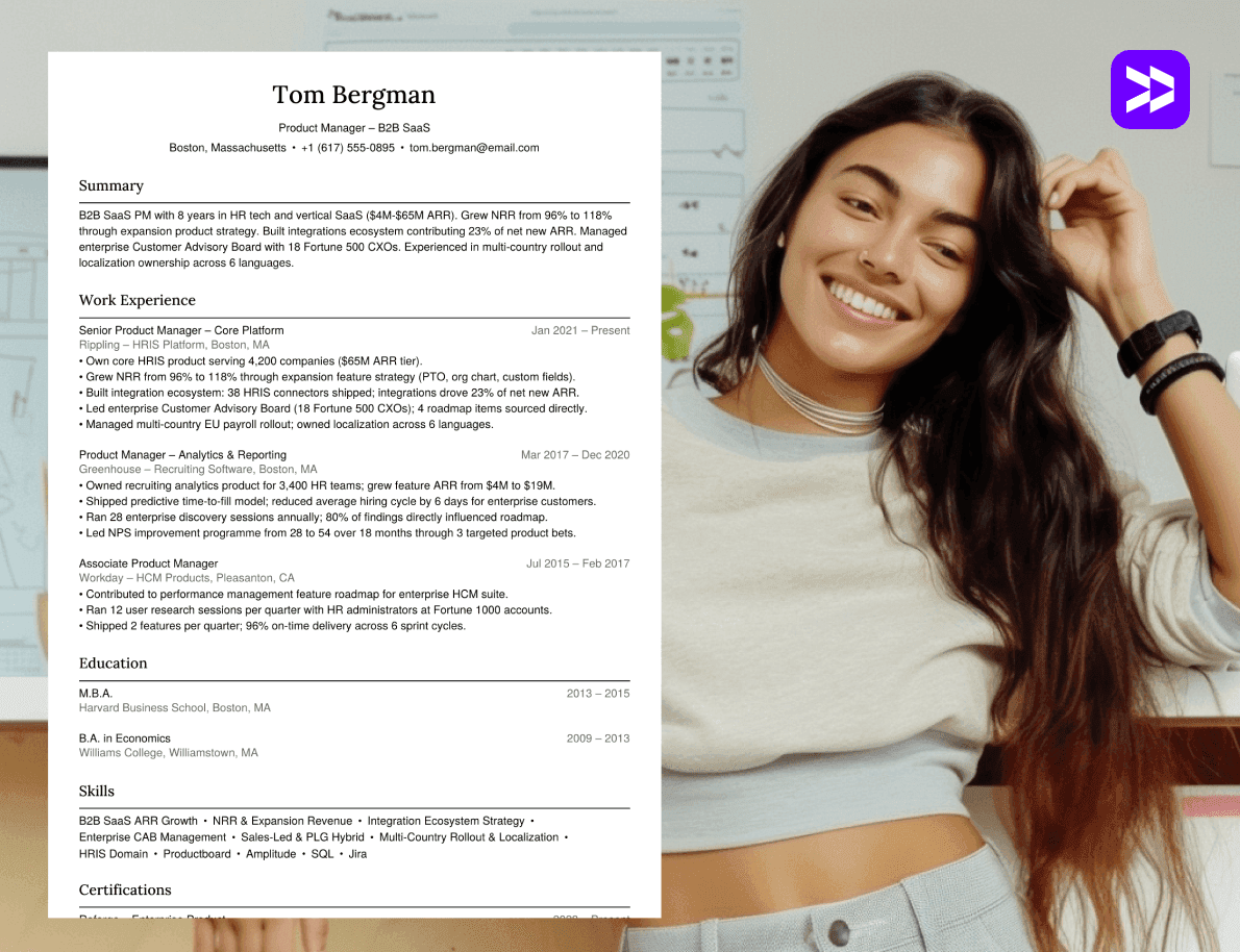Product manager resume example on a clean textured background