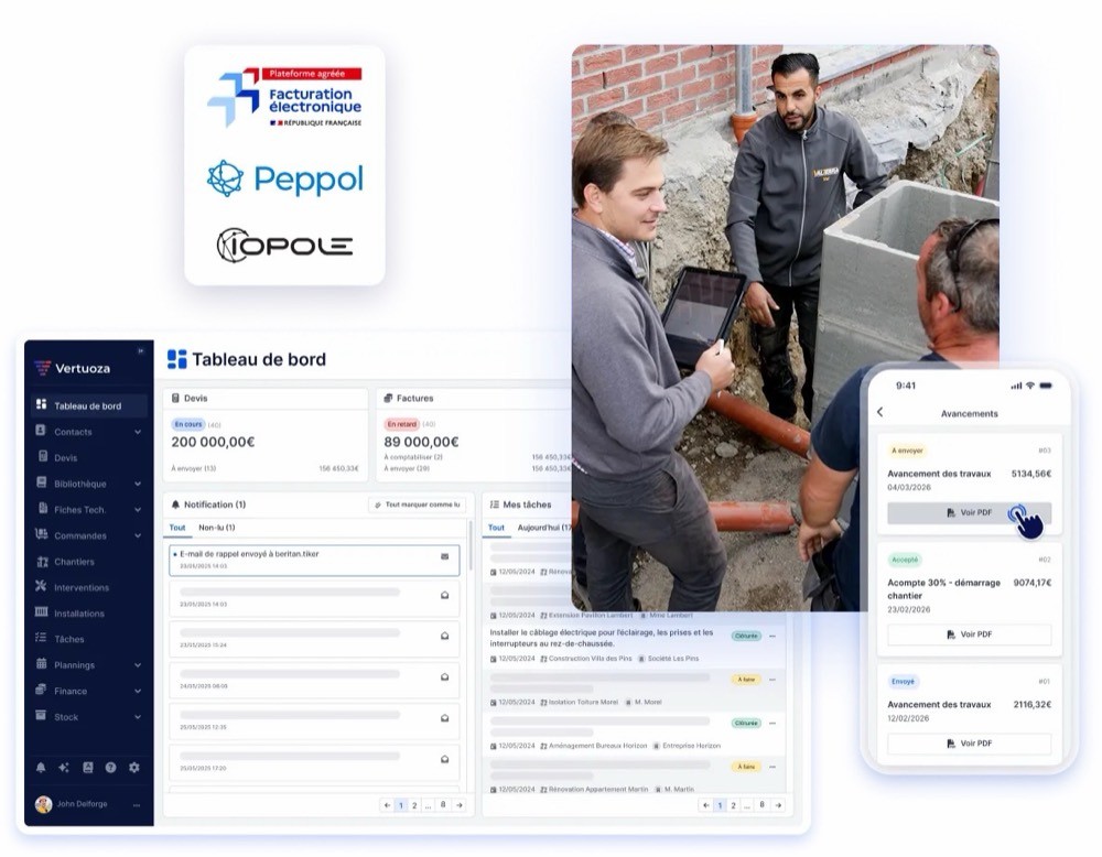 Tableau de bord Vertuoza avec devis, factures et tâches, et suivi des avancements de travaux sur mobile