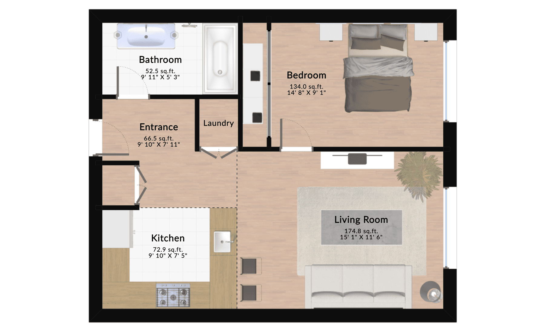 Furnished one-bedroom apartment floor plan showing a living room, bedroom with a bed, kitchen, bathroom with bathtub, entrance, and laundry space designed for small spaces.