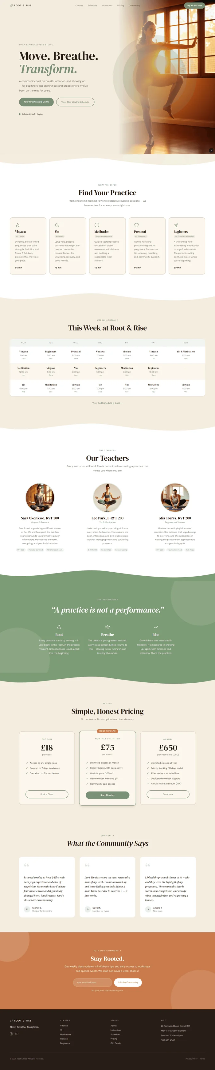 Full page yoga studio website – breathing circle hero, class cards, 7-day schedule, instructor profiles, pricing