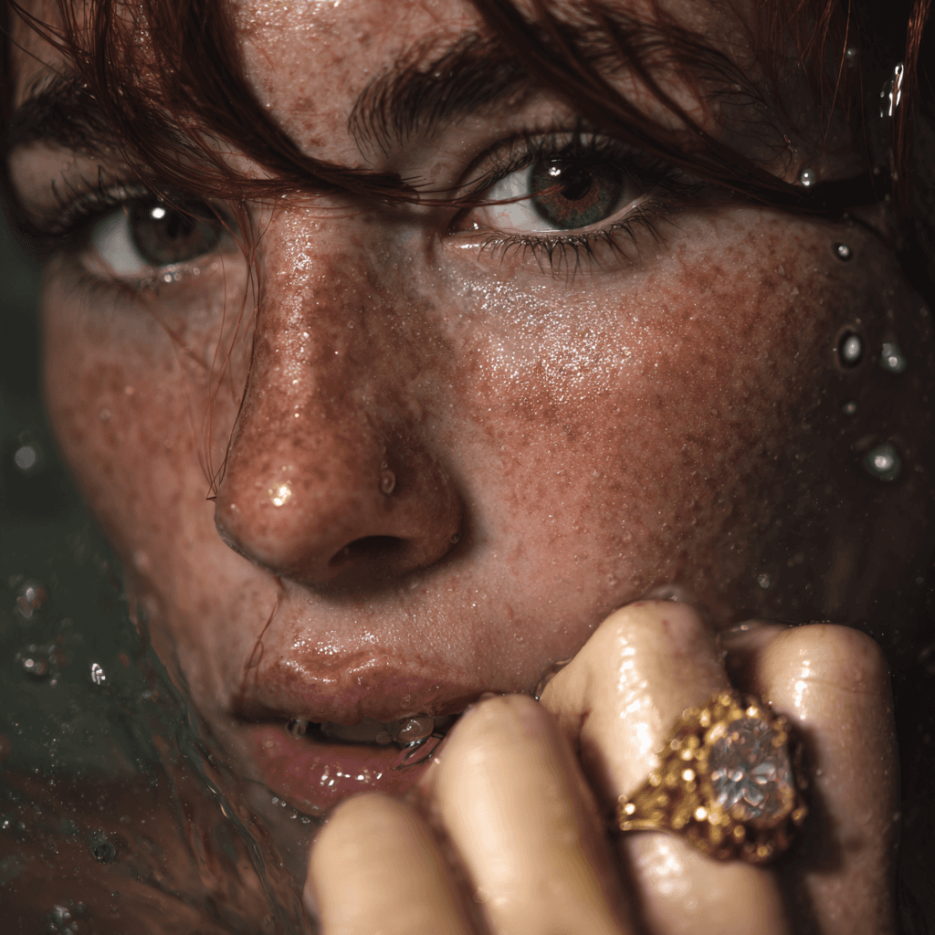 Women with ring in hand in water portrait