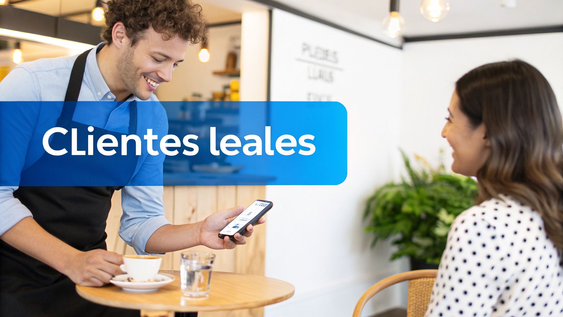 Barista sonriente mostrando un smartphone a una clienta en una cafetería moderna con texto 'Clientes leales'.
