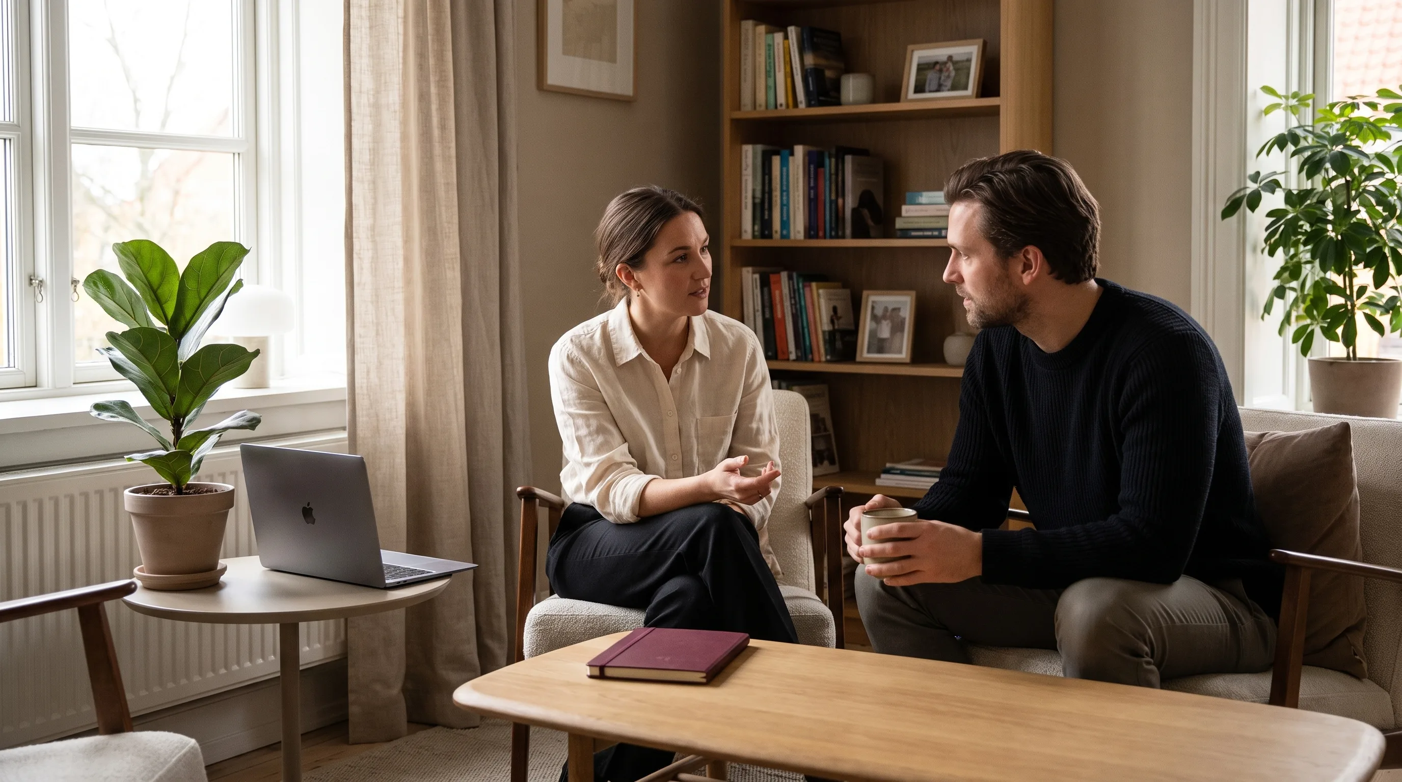 A coach and client in a private one-on-one conversation, a MacBook on a side table recording locally