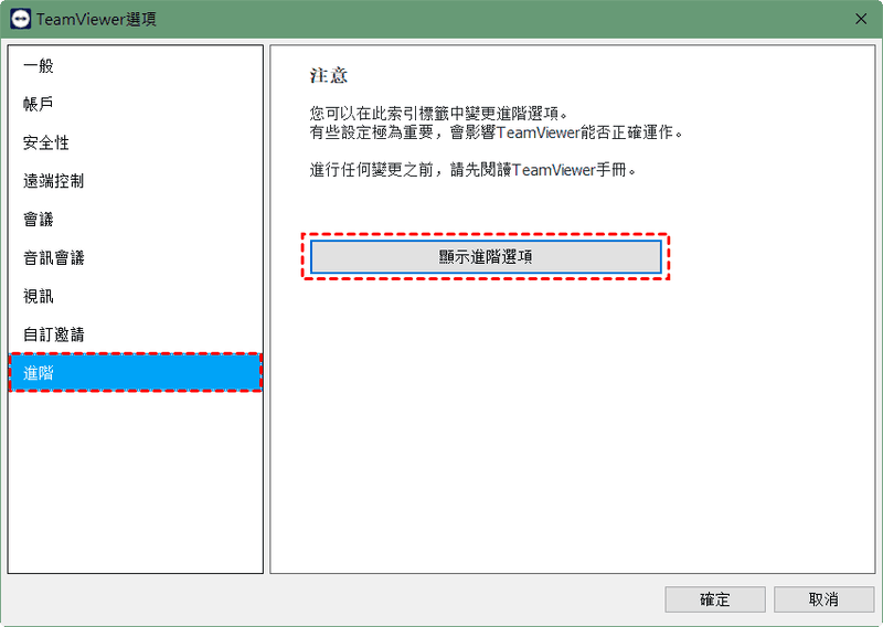 TeamViewer 顯示進階選項