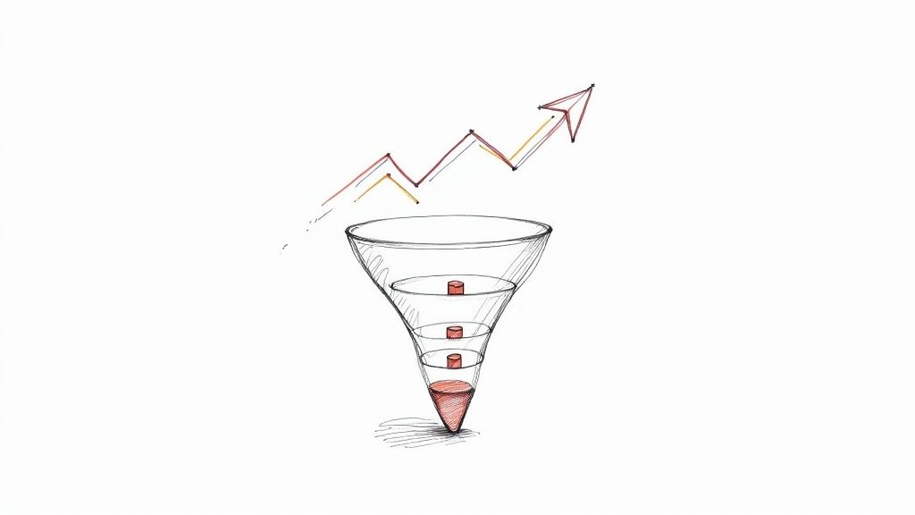 A digital dashboard showing key funnel metrics like conversion rate and drop-off rate