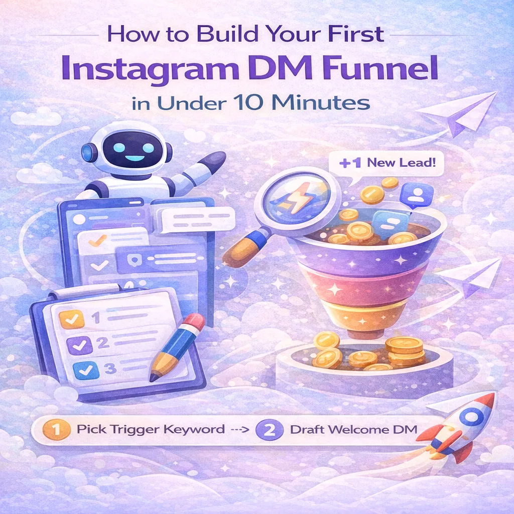 Blog header illustration for “How to Build Your First Instagram DM Funnel in Under 10 Minutes,” featuring a step-by-step DM funnel, chatbot assistant, checklist, trigger keywords, and automated lead flow on a light, modern UI background.
