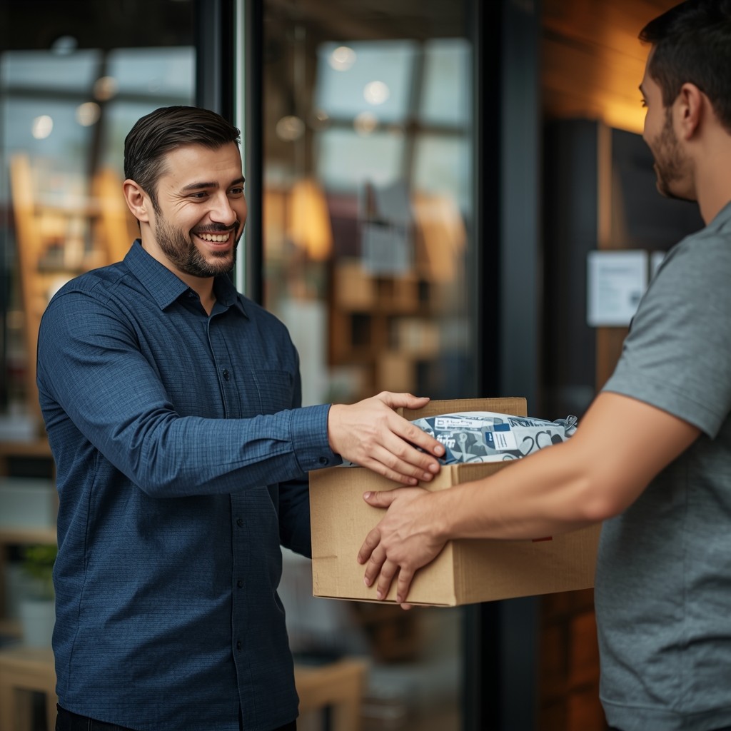 _Man_checking_packaged_products_and_delivering_to_shop_owner_counting_items_hands-0