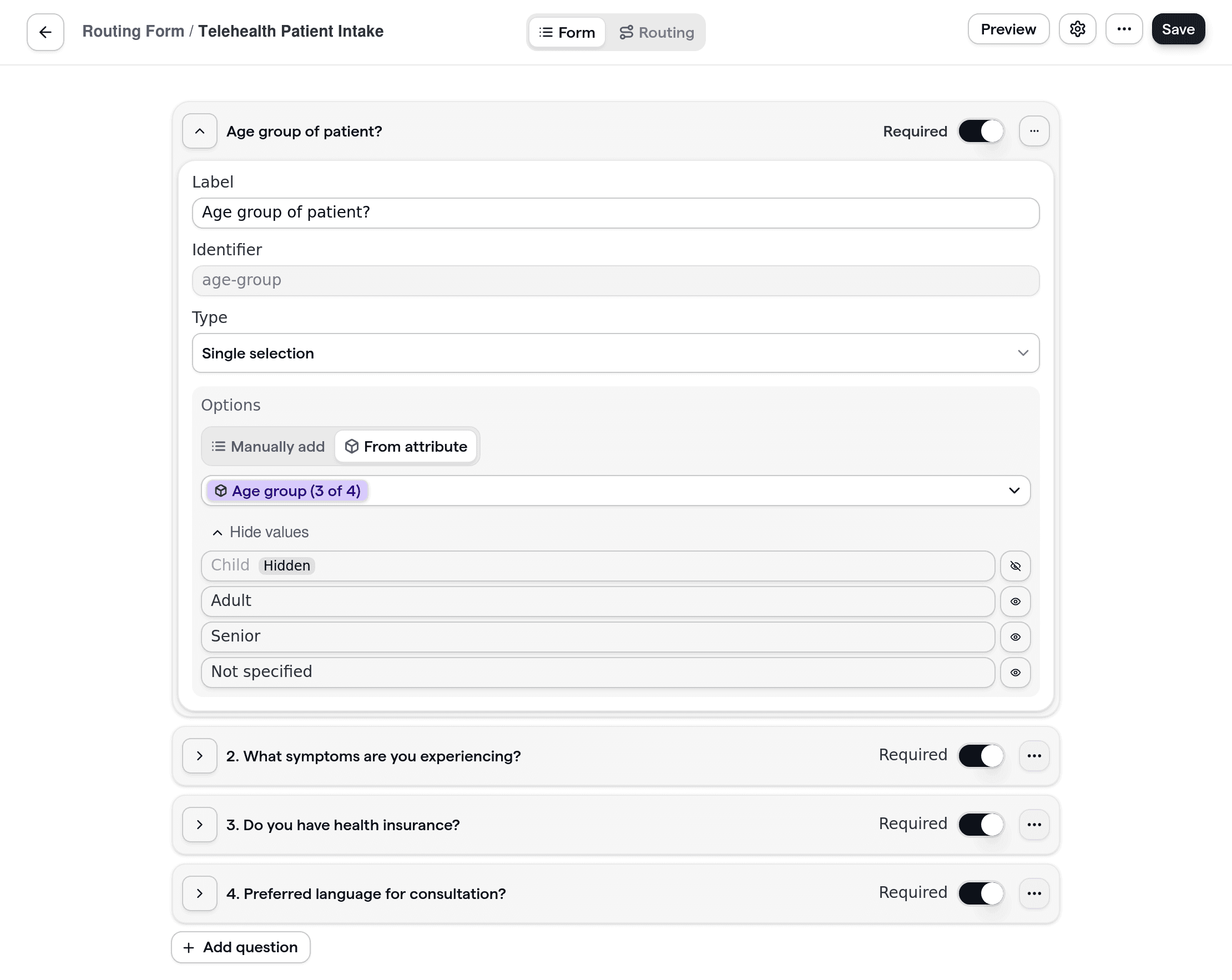 Telehealth routing form setup showing patient intake questions focused on symptoms, insurance, and language needs.