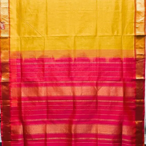 Gold Yellow Dark Pink Silk Cotton Saree