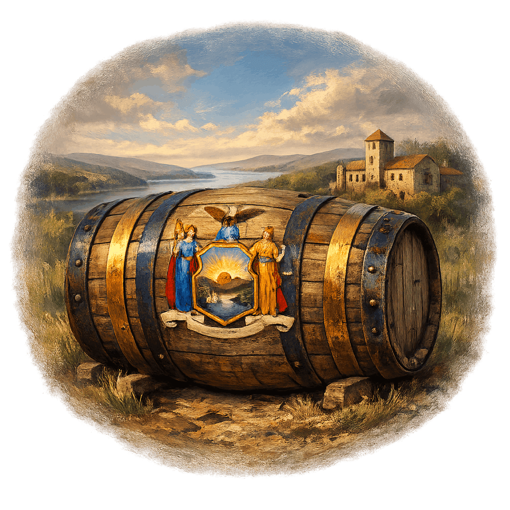 Wine barrel featuring the New York national emblem for regional wine education.