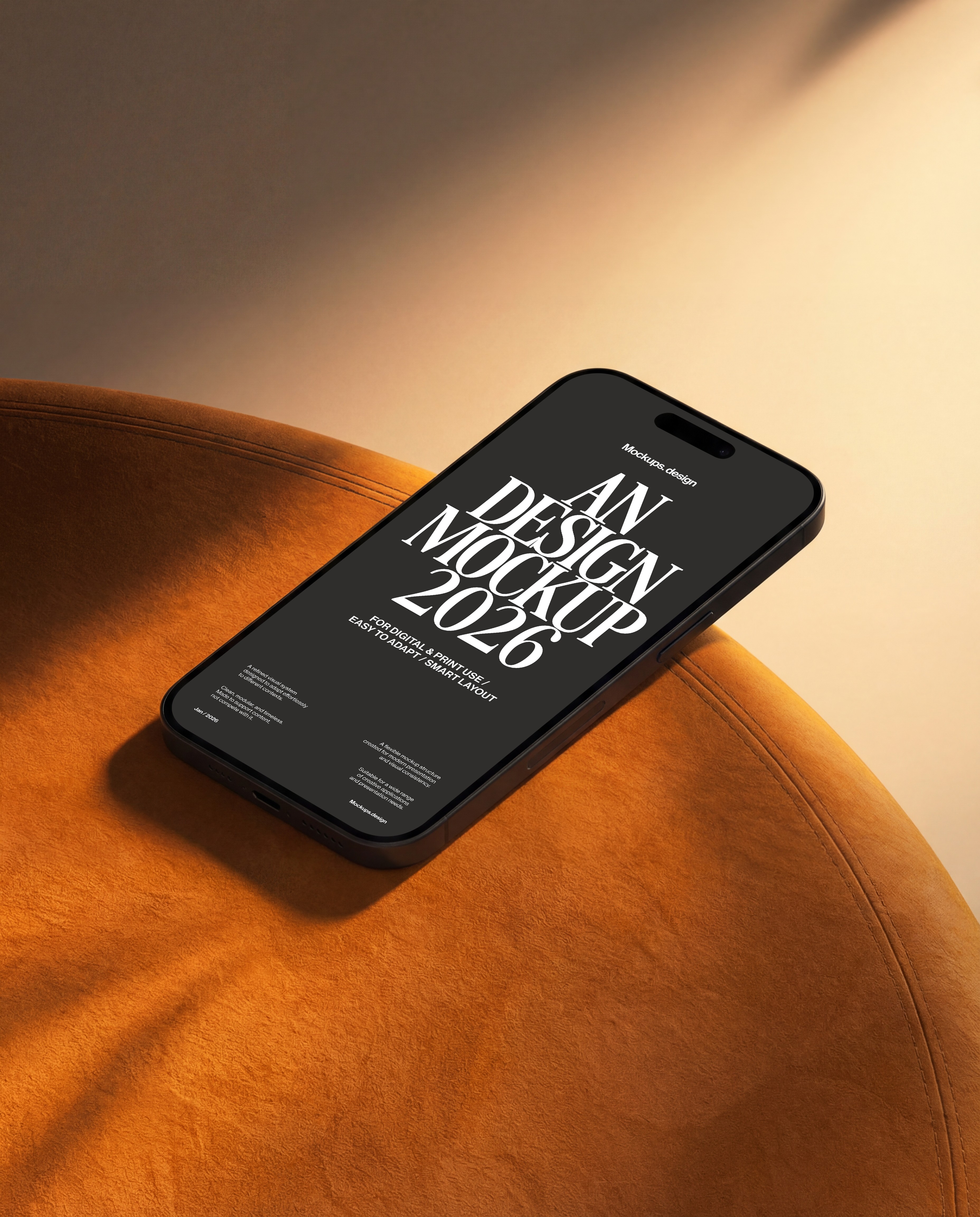 iPhone 16 mockup on couch, lifestyle home scene