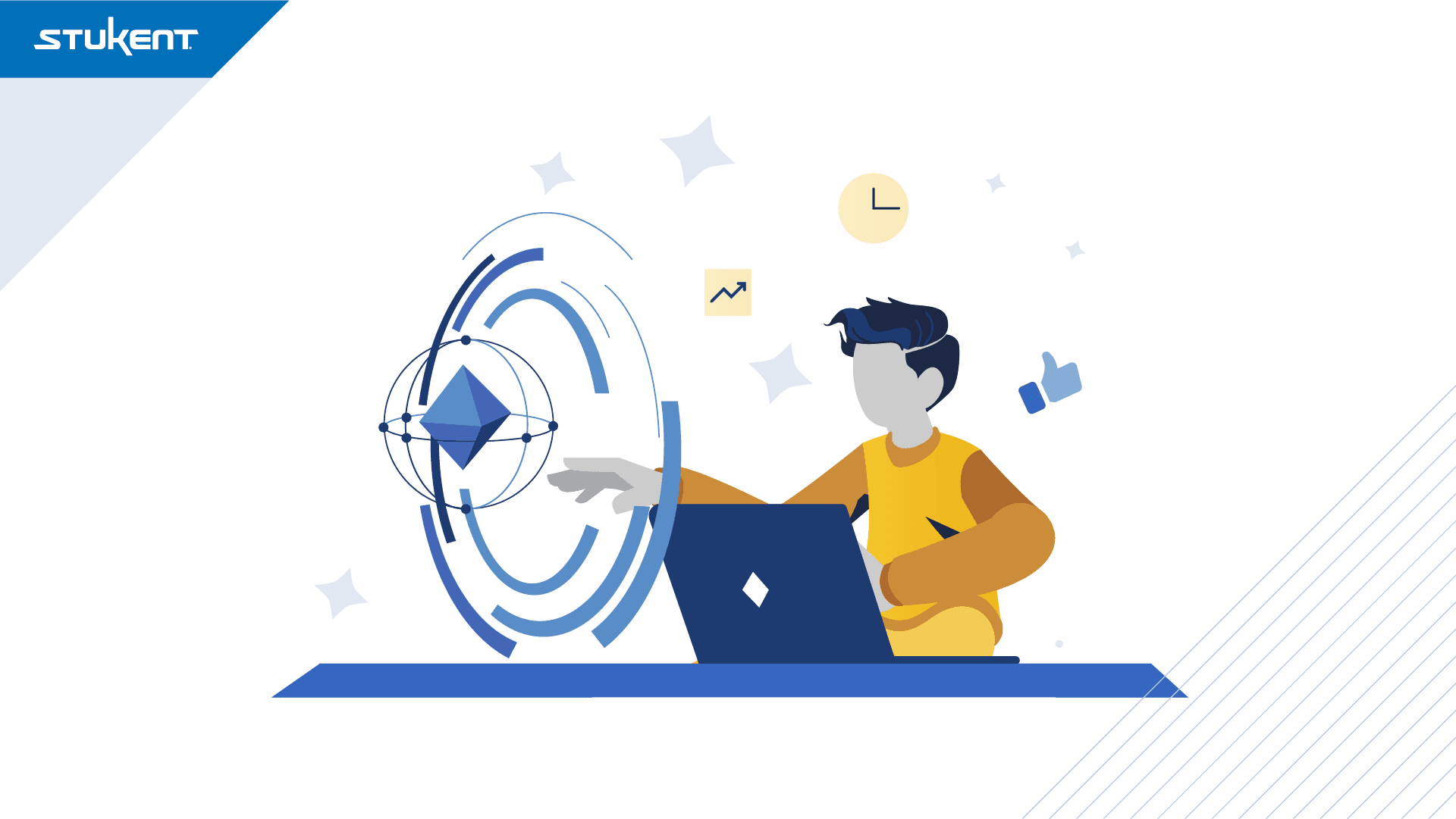 Illustration of a person at a laptop reaching toward a digital target interface. Icons of a clock, graph, and thumbs-up float nearby. The Stukent logo appears in the top left corner.