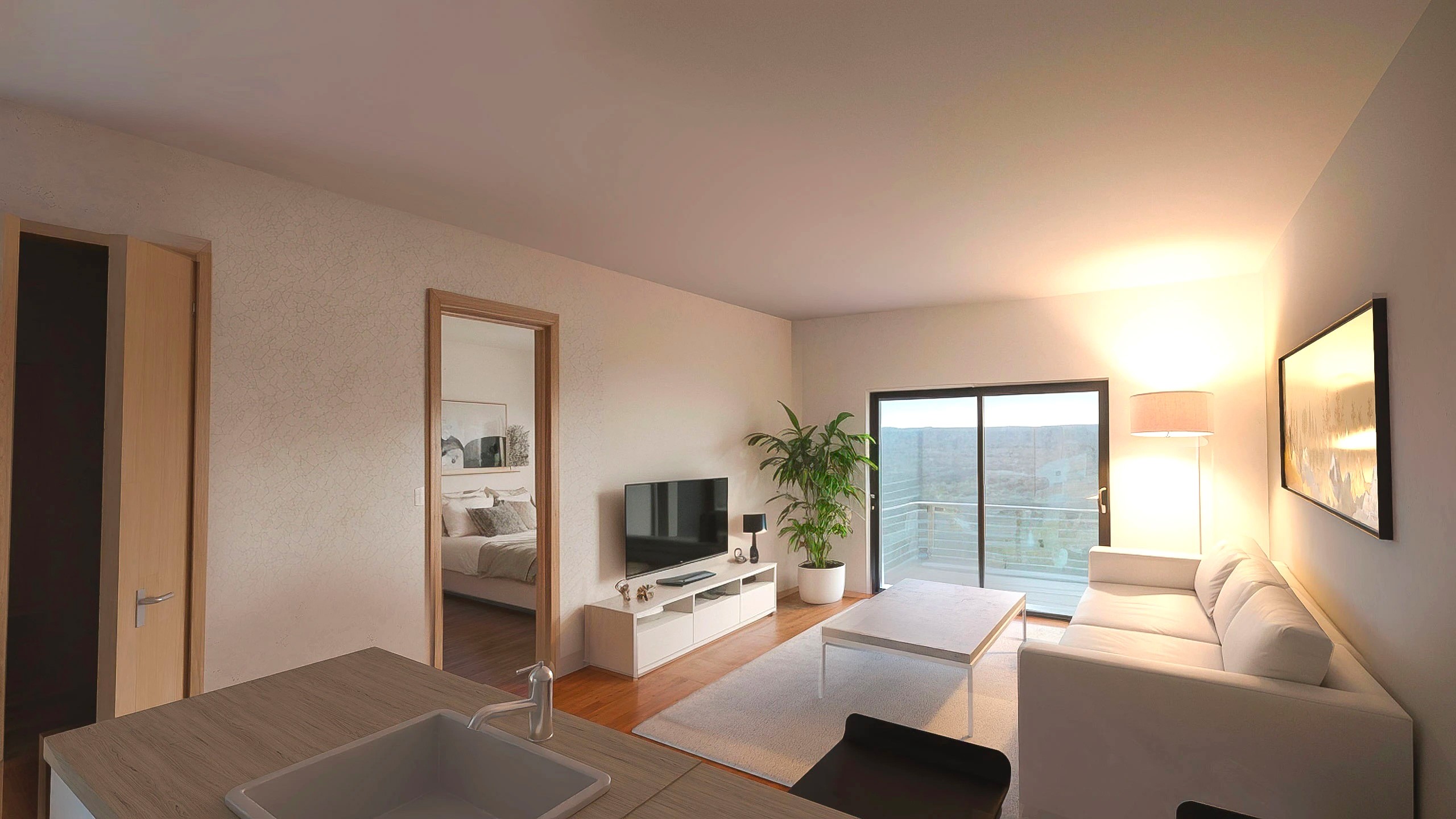 Cozy interior of a one-bedroom apartment featuring a warmly lit living room, bedroom, and a view of the balcony, with modern furniture for small spaces.