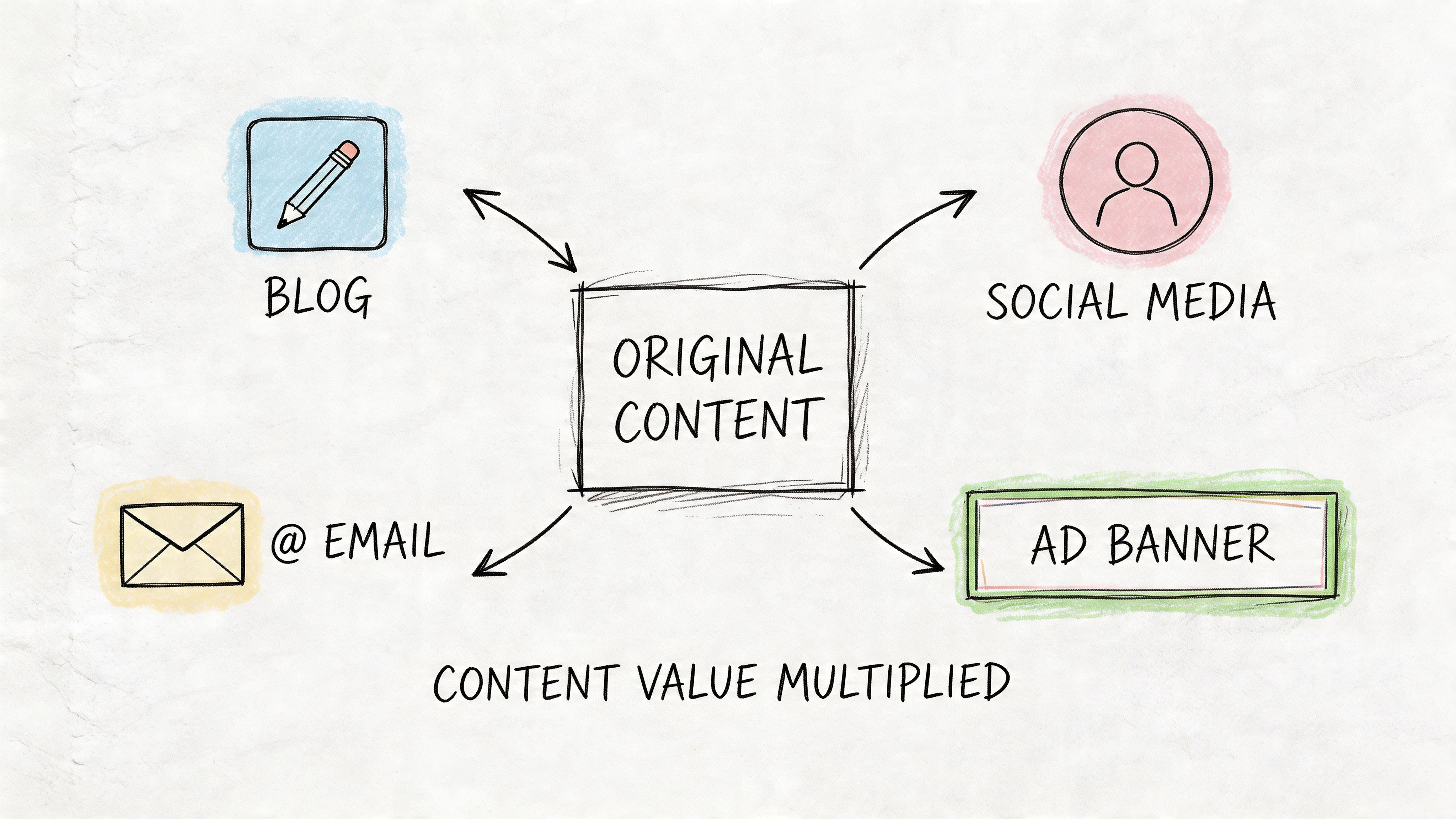 A diagram illustrating original content being repurposed across blog, social media, email, and ad banner channels.