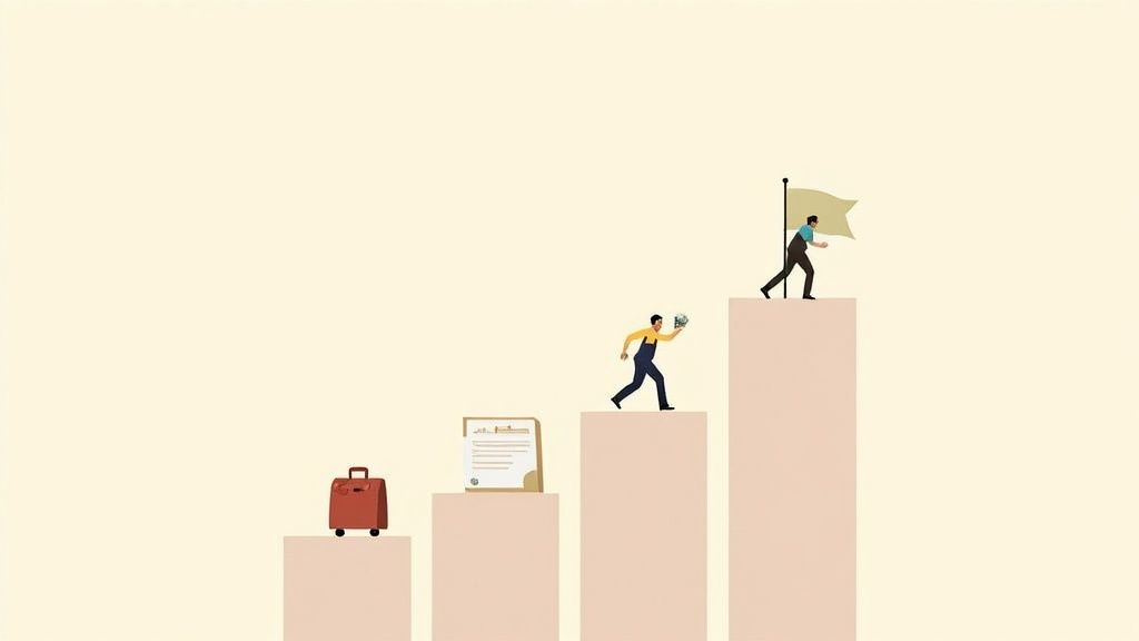 Illustration of career progression with a briefcase, certificate, money, and a flag on ascending steps.