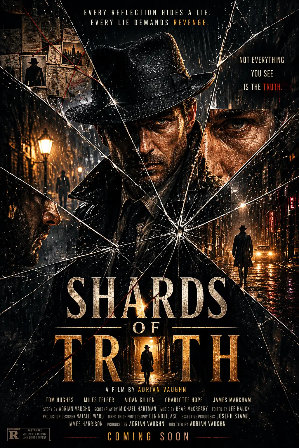 AI-generated noir thriller poster featuring a cracked-glass effect over a detective in a fedora standing in a rain-soaked street.