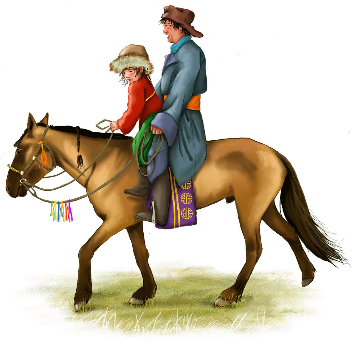 Ein Vater reitet zusammen mit seinem kleinen Kind auf einem Pferd