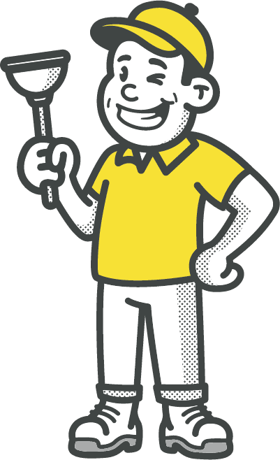 Cartoon plumber in yellow shirt holding a plunger, winking