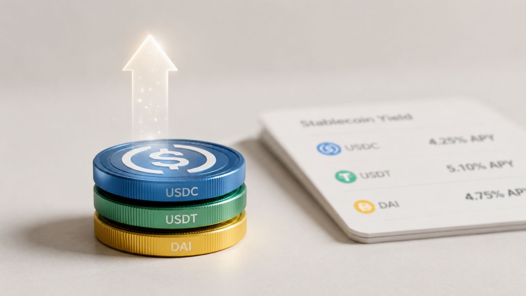 A stack of three stablecoin tokens labeled USDC, USDT, and DAI with a glowing upward arrow.