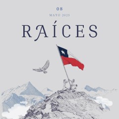Portada de Revista Raíces VIII: «Ideas de la libertad», octava edición de la Revista Raíces de IdeaPaís, mostrando una ilustración de una bandera chilena que dos personas están clavando sobre la tierra.