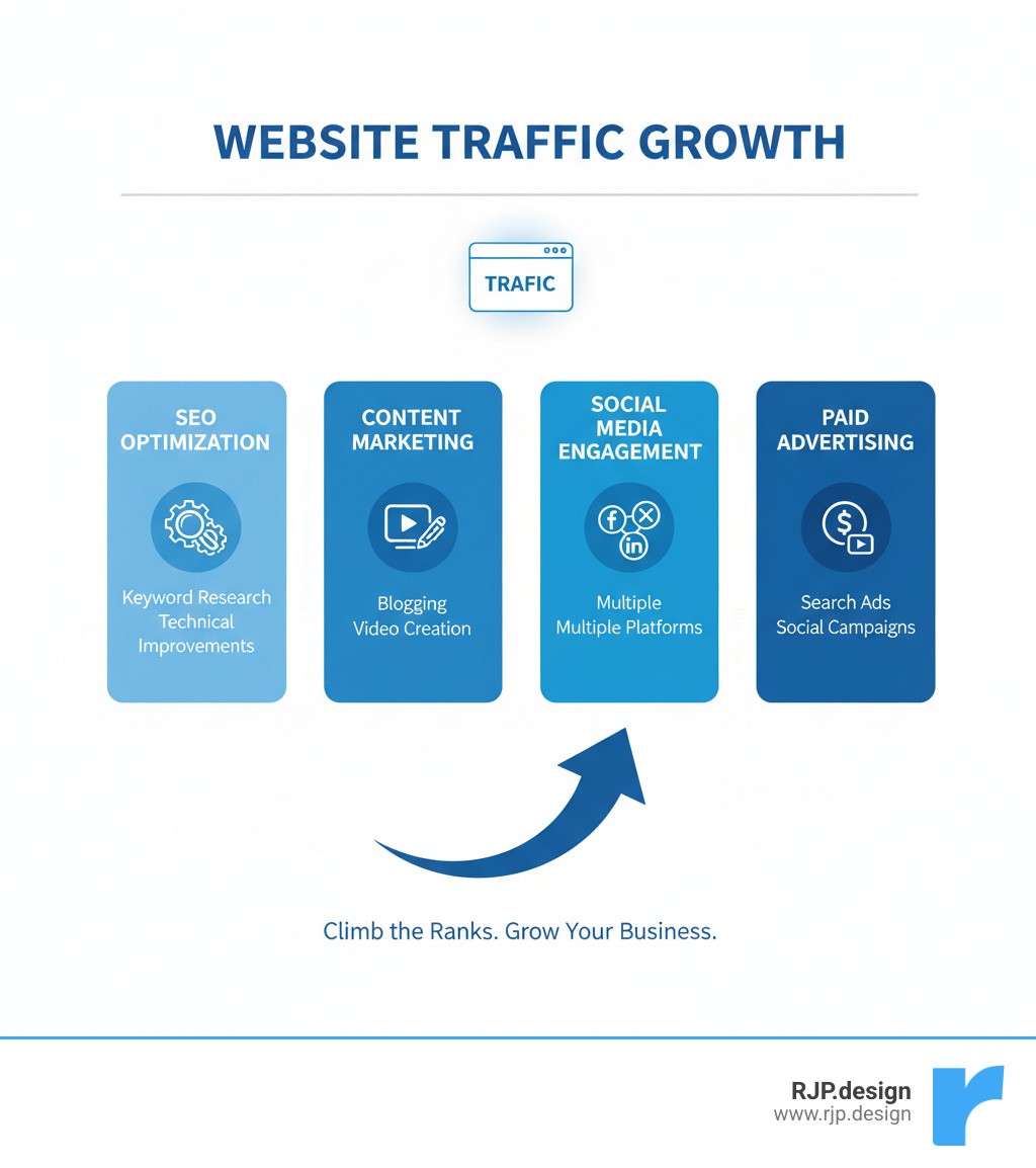 Infographic showing the four main pillars of website traffic growth: SEO optimization with keyword research and technical improvements, Content Marketing through blogging and video creation, Social Media engagement across multiple platforms, and Paid Advertising including Google Ads and social media campaigns - website traffic increase infographic 