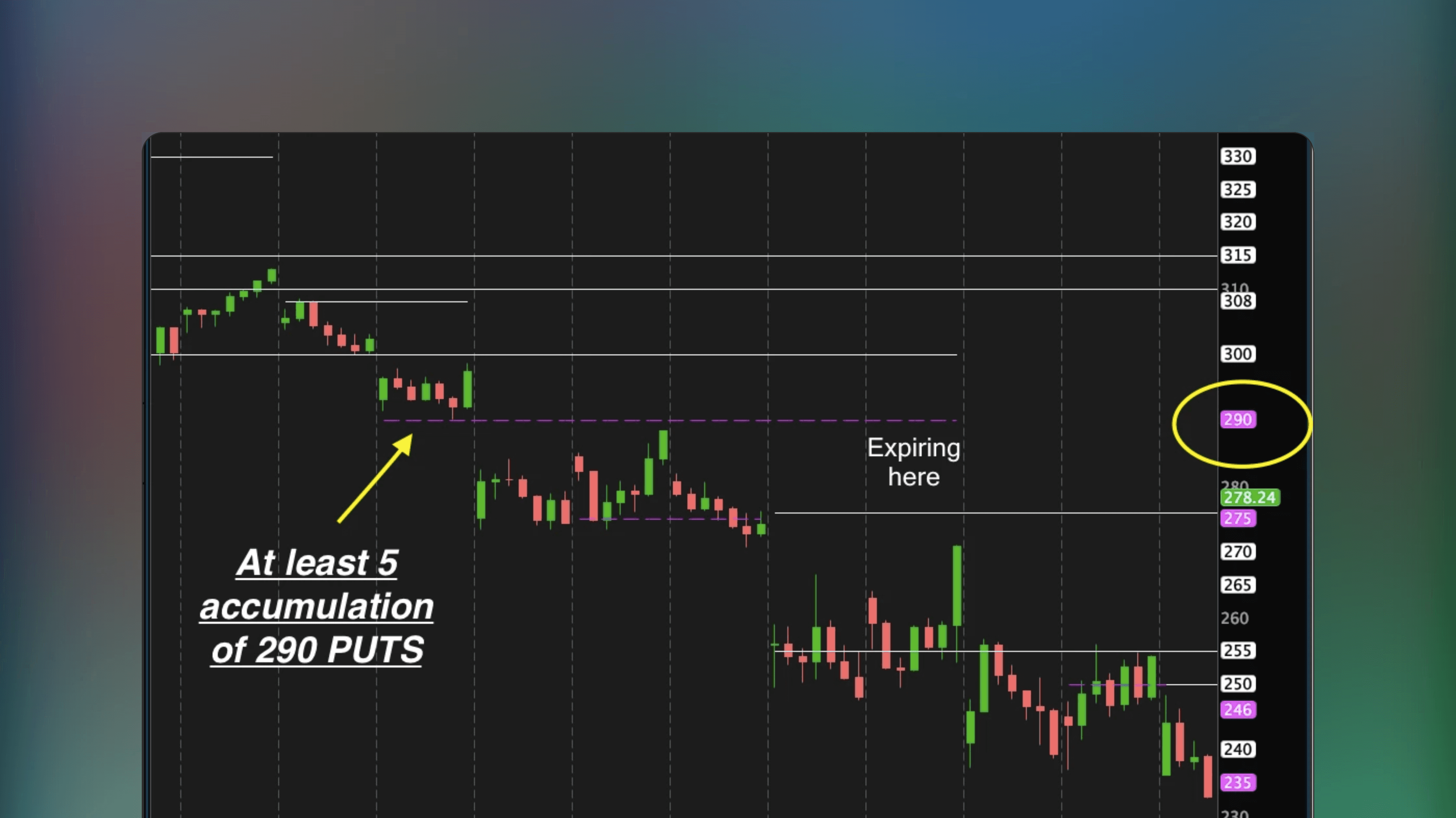 ThinkOrSwim price chart featuring the FlowAlgo Dark pool and Option Flow indicator displaying visual markers for institutional dark pool orders and option flow data points