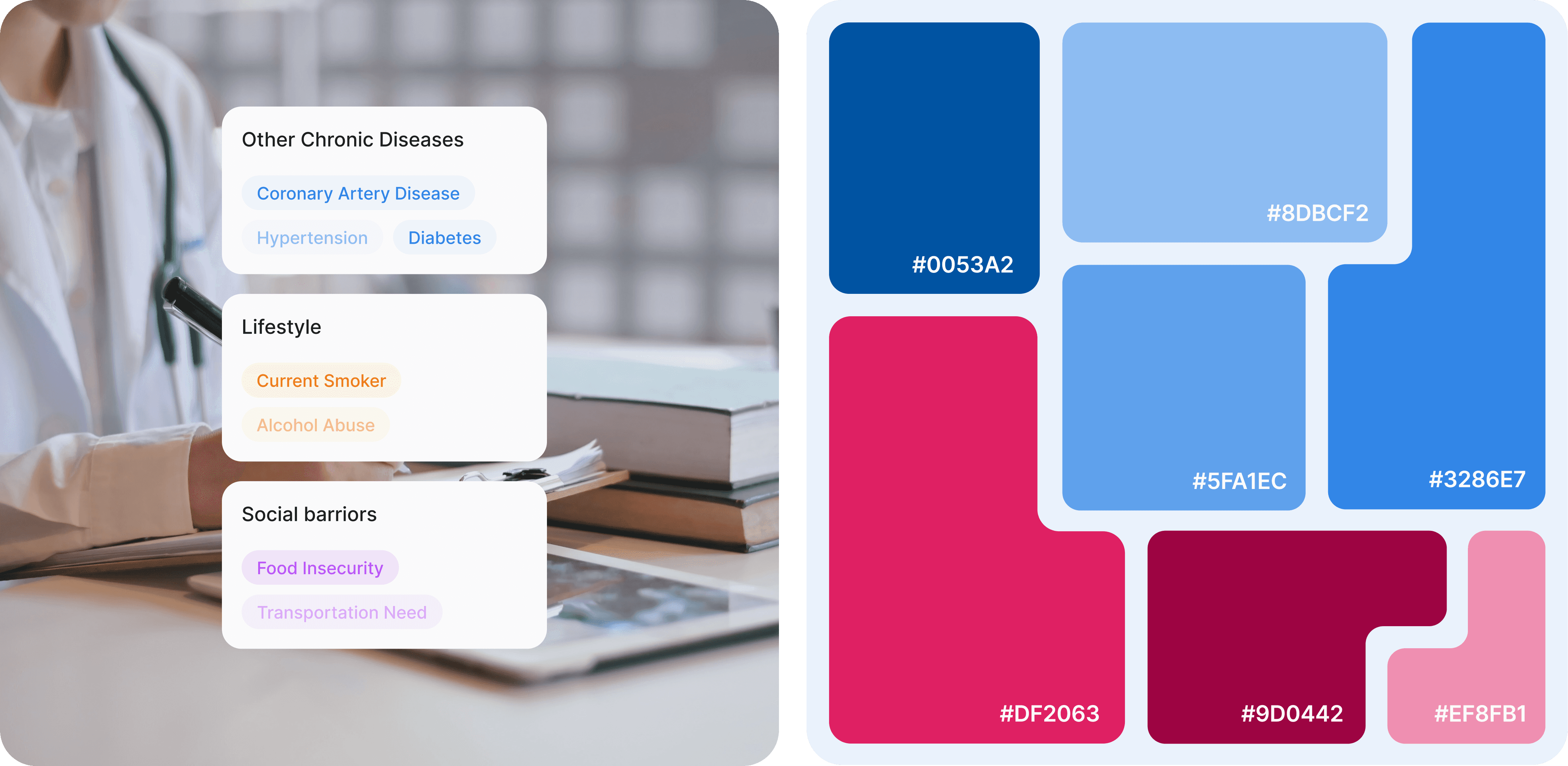 A color palette visual displaying seven distinct color blocks, each labeled with its corresponding hex code. The blocks are arranged in an irregular, grid-like format with rounded corners. The colors included are: #0053A2: A deep blue. #8DBCF2: A light blue. #3286E7: A vibrant medium blue. #5FA1EC: A bright sky blue. #DF2063: A bold pink. #9D0442: A deep burgundy. #EF8FB1: A soft pink. The overall design is clean and modern, showcasing a harmonious blend of blues, pinks, and reds. This color palette is likely intended for branding, UI design, or a specific project requiring consistent color usage.