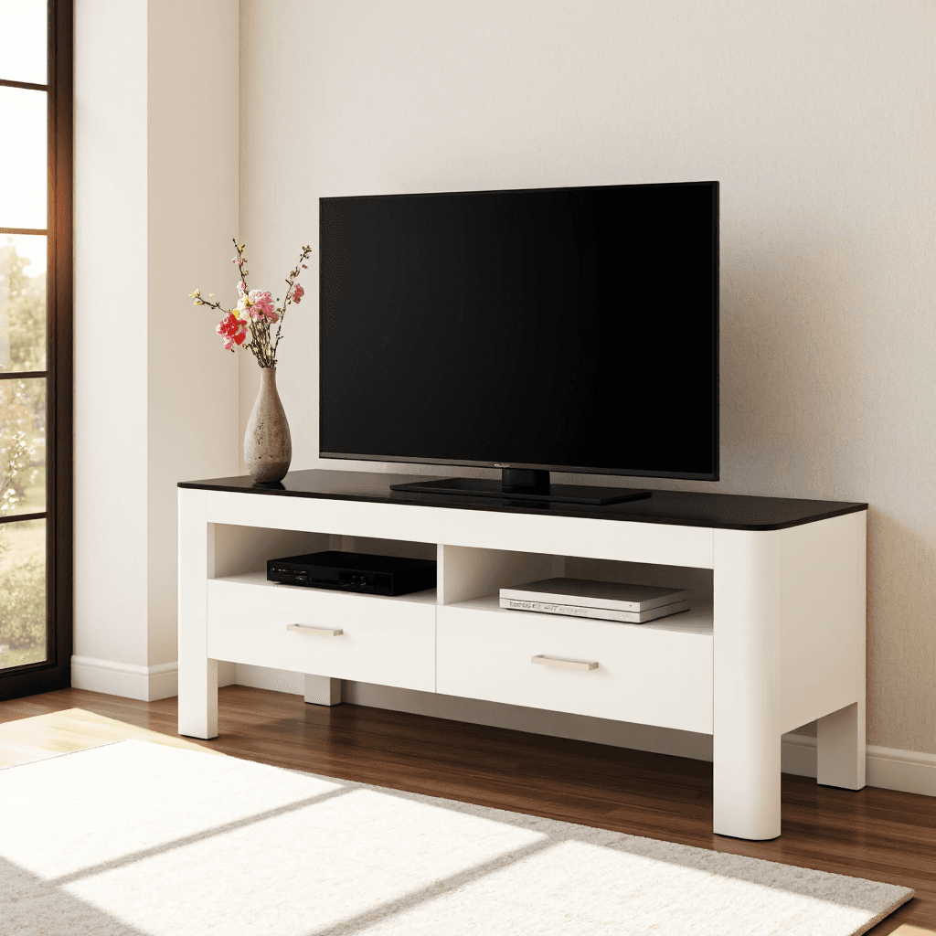 product photography of a modern TV stand with storage drawers and a decorative vase