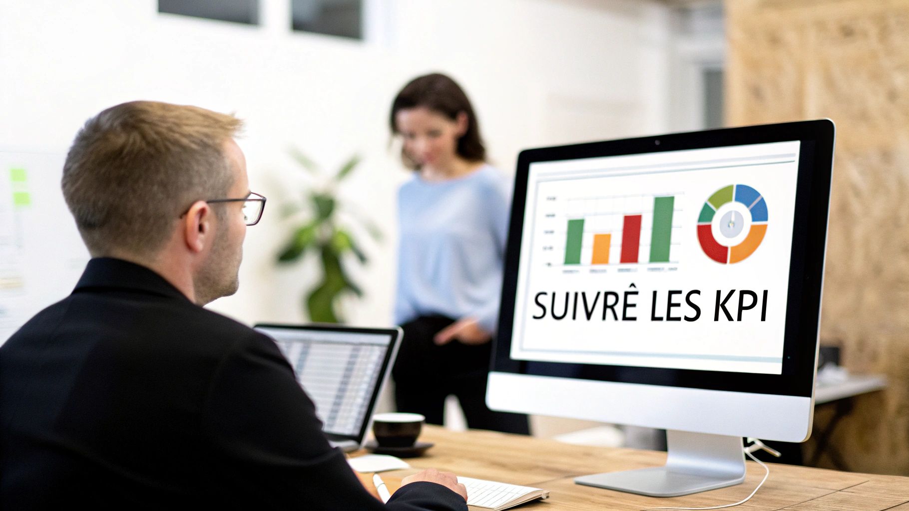 Un homme en costume regarde un écran d'ordinateur affichant des graphiques de performance et le texte « SUIVRE LES KPI » dans un bureau moderne.