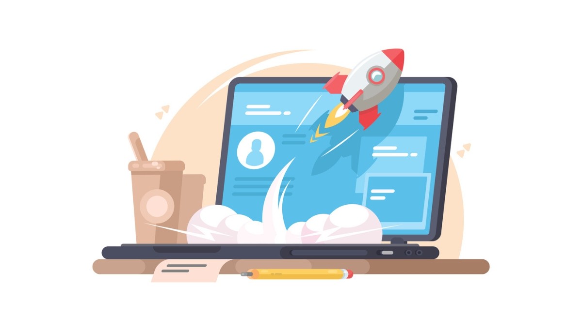 Illustration of a laptop launching a rocket from its screen, surrounded by digital interface elements and creative tools, symbolizing the innovation, momentum, and digital strategy involved in building and launching a technology startup.