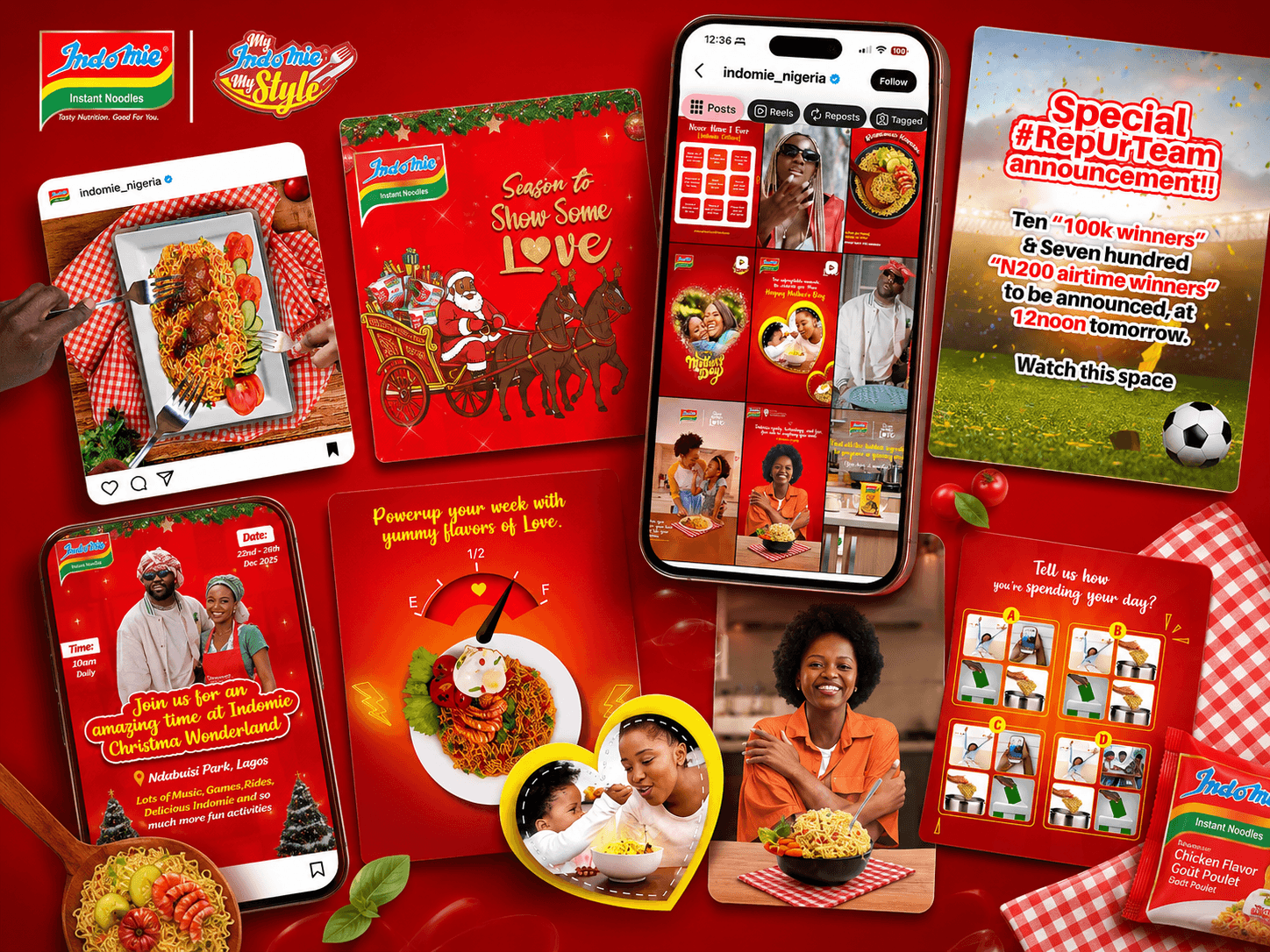 Indomie social feed grid showing the campaign system across festive and seasonal posts