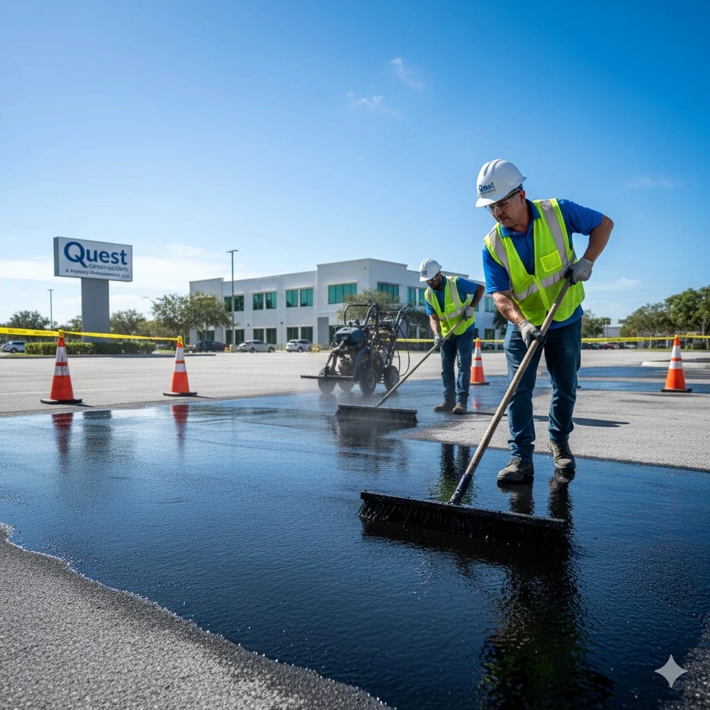 Sealcoating application on parking lot surface
