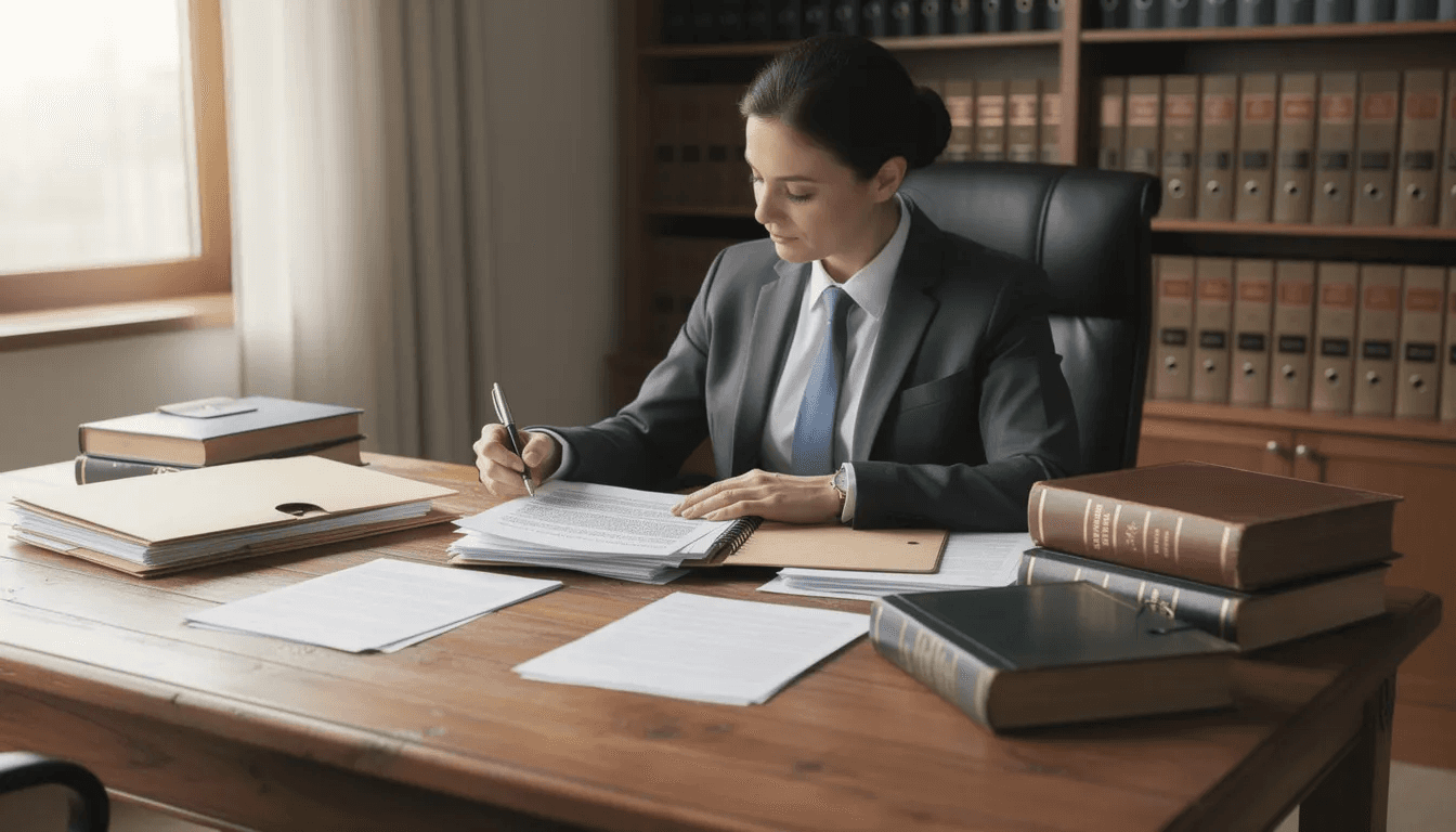 A professional is seated at a wooden desk, meticulously reviewing legal documents, including trust documents and folders, which may pertain to the rights of trust beneficiaries and their interests in trust assets. The setting suggests an attorney-client relationship, likely involving estate planning or the management of an irrevocable trust.