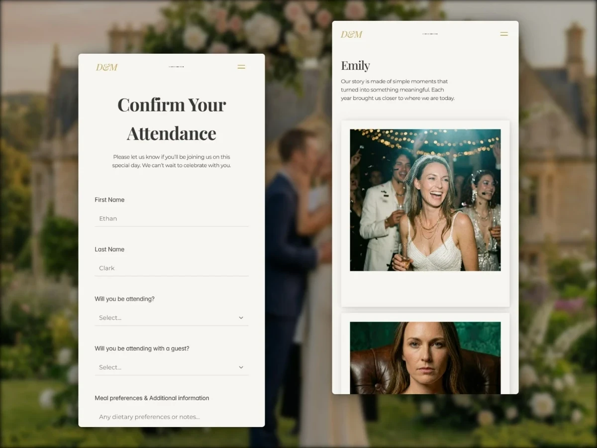 RSVP attendance form and biography mobile screens inside the Lovel Framer template.