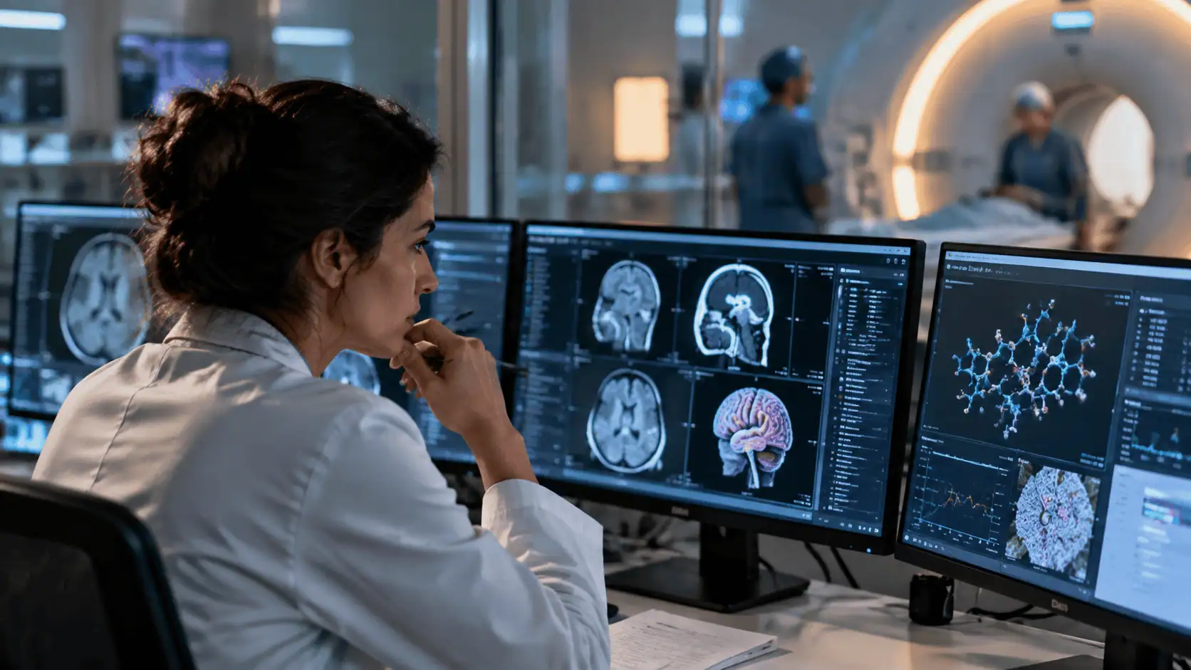 Pesquisadora analisa exames médicos em telas com apoio de inteligência artificial, representando o uso da IA na medicina para acelerar diagnósticos, pesquisas científicas e descoberta de novos tratamentos.