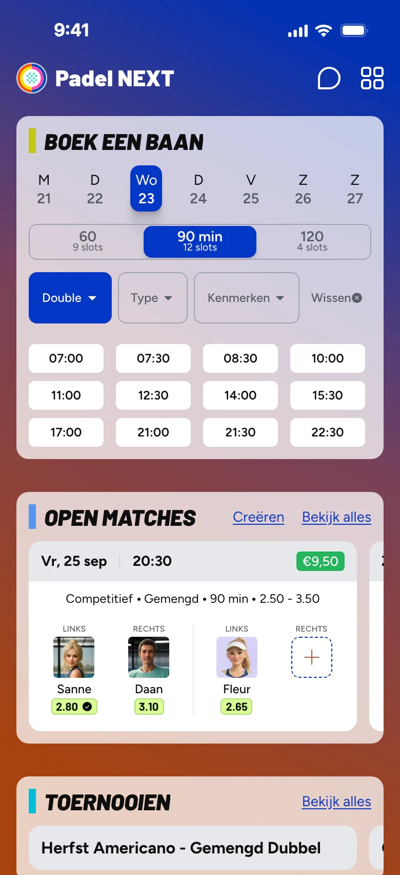 Padel NEXT club app home screen, in Dutch