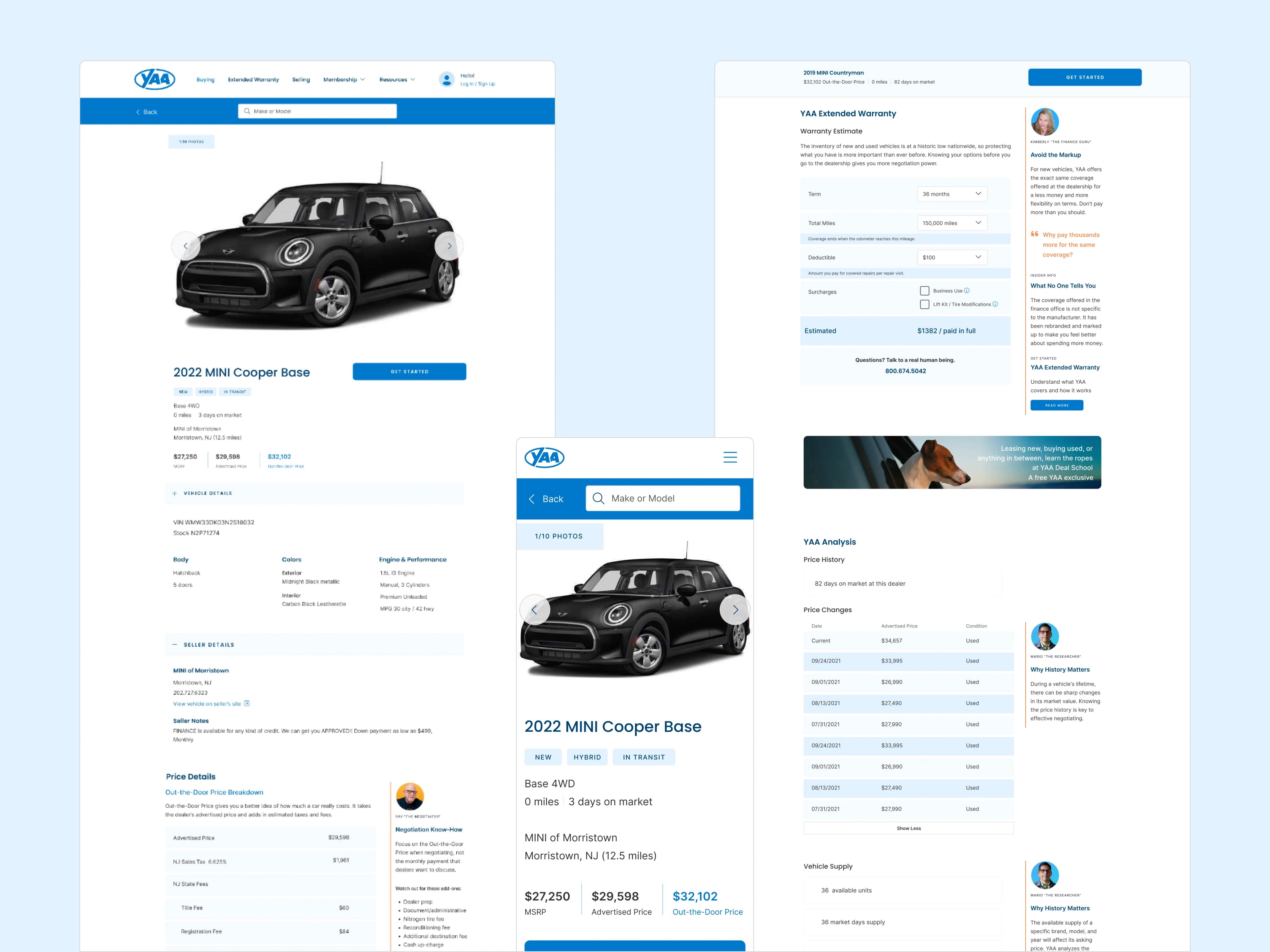 Vehicle Detail Page pages showing details of a 2022 MINI Cooper Base, including warranty options, price breakdown, and vehicle supply.