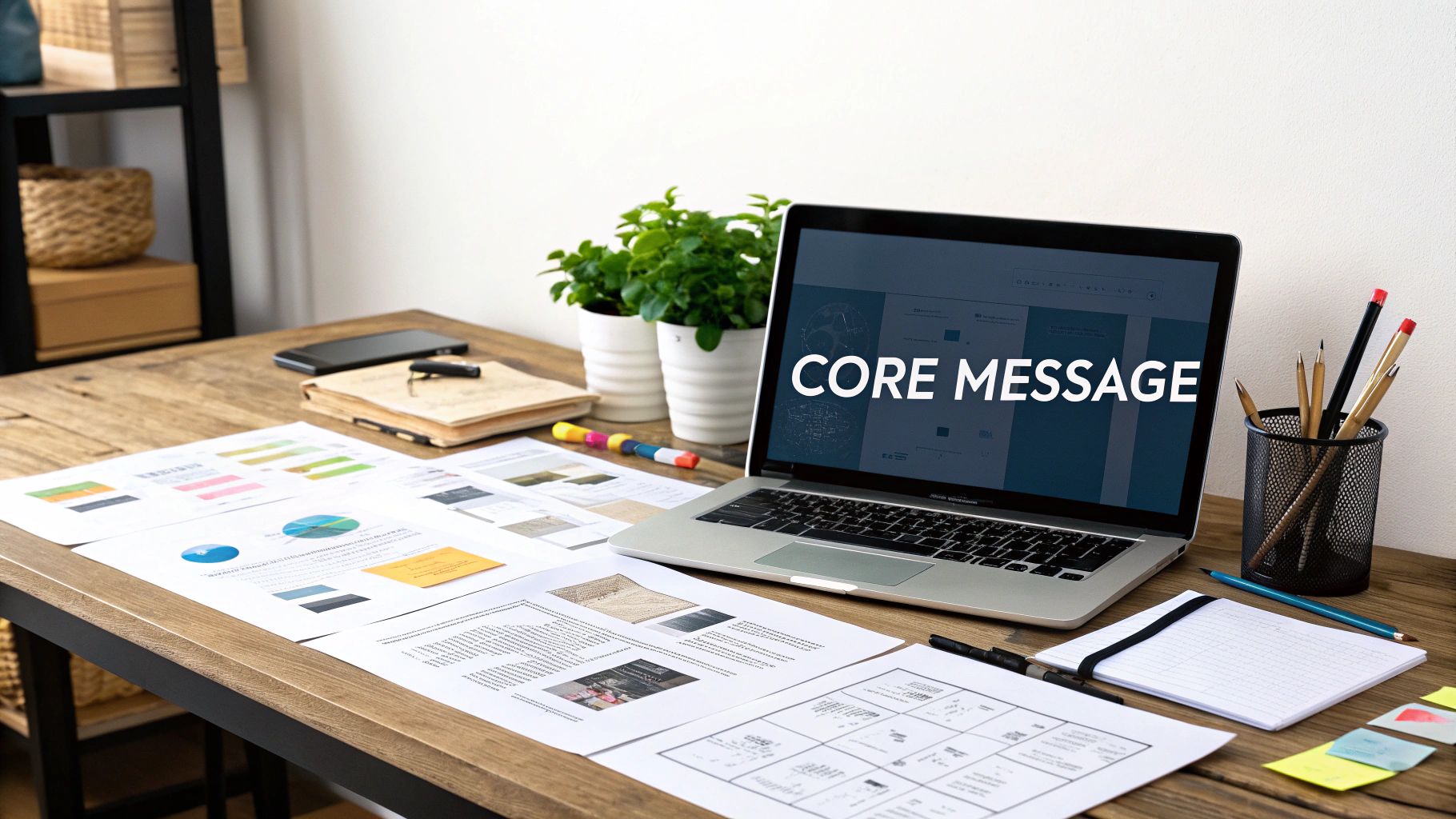 A laptop displaying 'CORE MESSAGE' on a wooden desk with papers, plants, and stationery.
