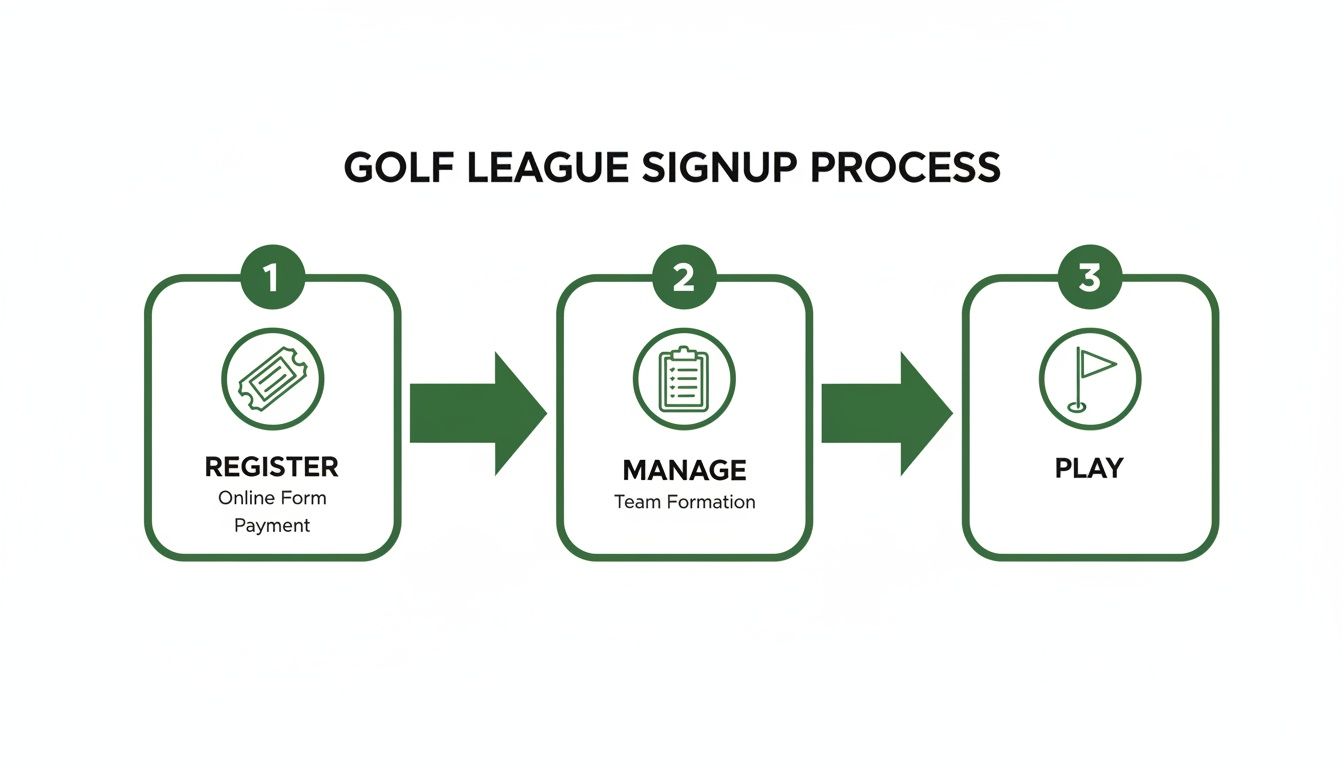 Three-step golf league signup process: Register, Manage, and Play, showing icons for each stage.