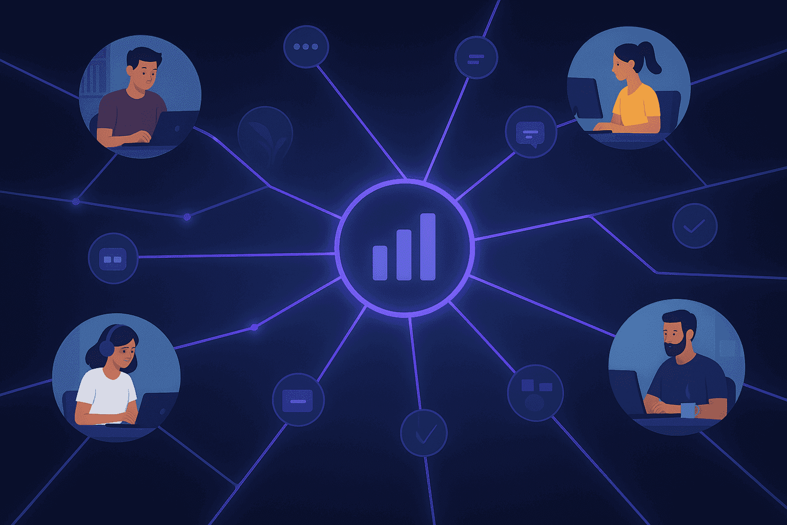 A flat-style digital illustration showing a diverse remote team connected through glowing purple lines converging at a central hub with a performance chart, symbolizing collaboration, alignment, and high productivity in distributed teams.