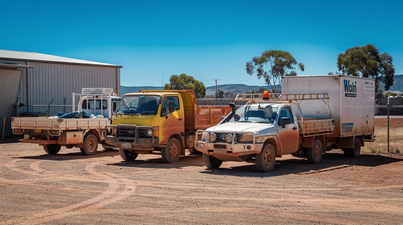 The image shows a row of commercial work vehicles parked in an Australian industrial yard, highlighting various business vehicles that could be financed through options like hire purchase or chattel mortgage for asset ownership. These vehicles represent essential business equipment, often subject to tax benefits and financial agreements for managing cash flow.