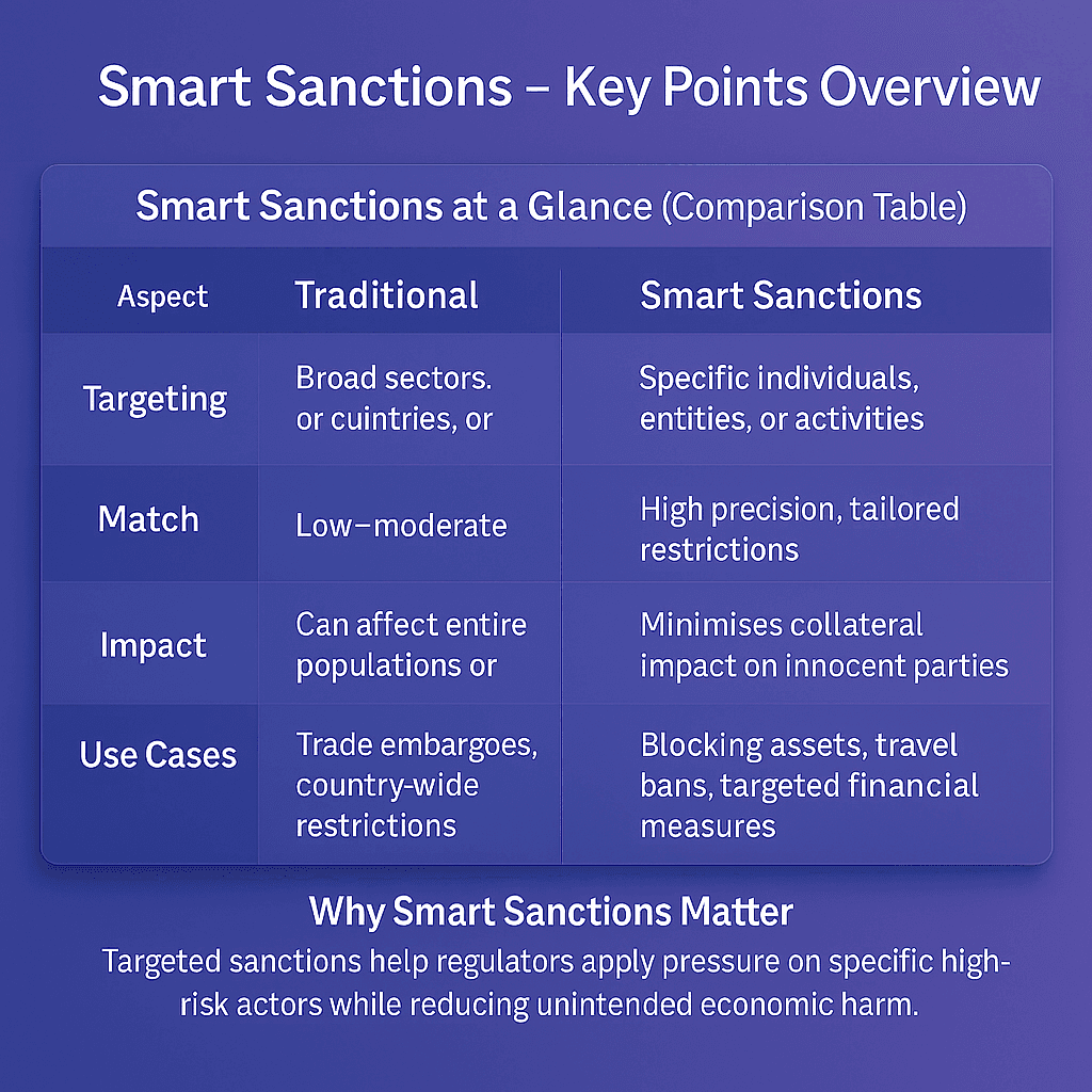 Smart sanctions comparison table showing the differences between traditional broad-sector sanctions and targeted smart sanctions across targeting, match precision, impact, and use cases.